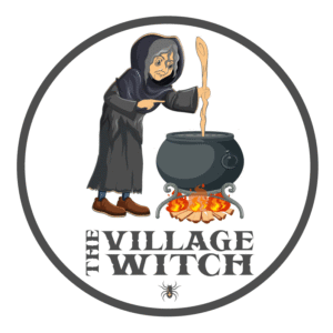 Cartoon image of an elderly woman with gray hair dressed in a dark cloak stirring something in a big black pot over a fire